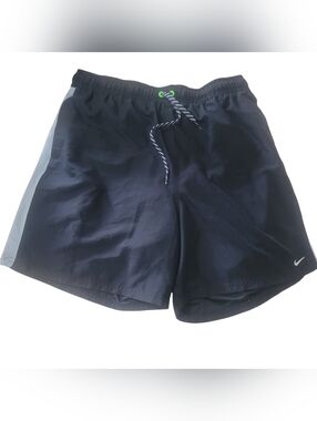 Nike Men's Lined Swim Shorts In Black With Grey And Green Stripes Size L